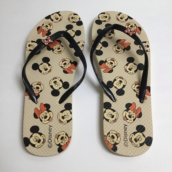 Disney Flip Flops Women’s SZ 10 1/2 Mickey and Minnie Mouse Sandals Red Bows Tan - Picture 5 of 9
